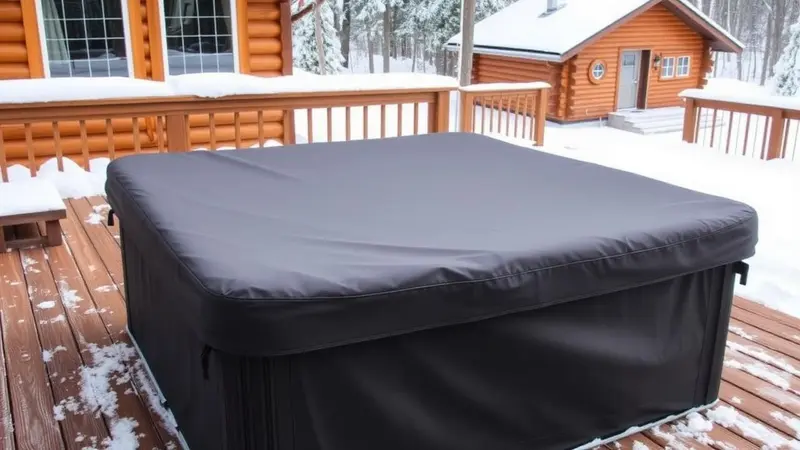 Insulated hot tub cover in a winter setting