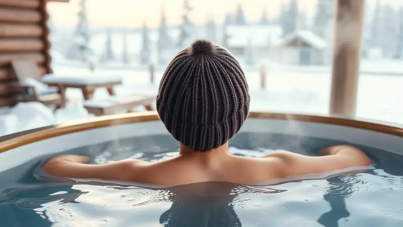 Person in a hot tub wearing a winter beanie in Lapland