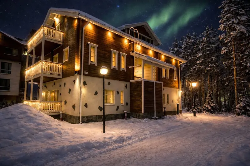 Front Slope Apartments – Hiihtäjänkuja building exterior in winter with northern lights